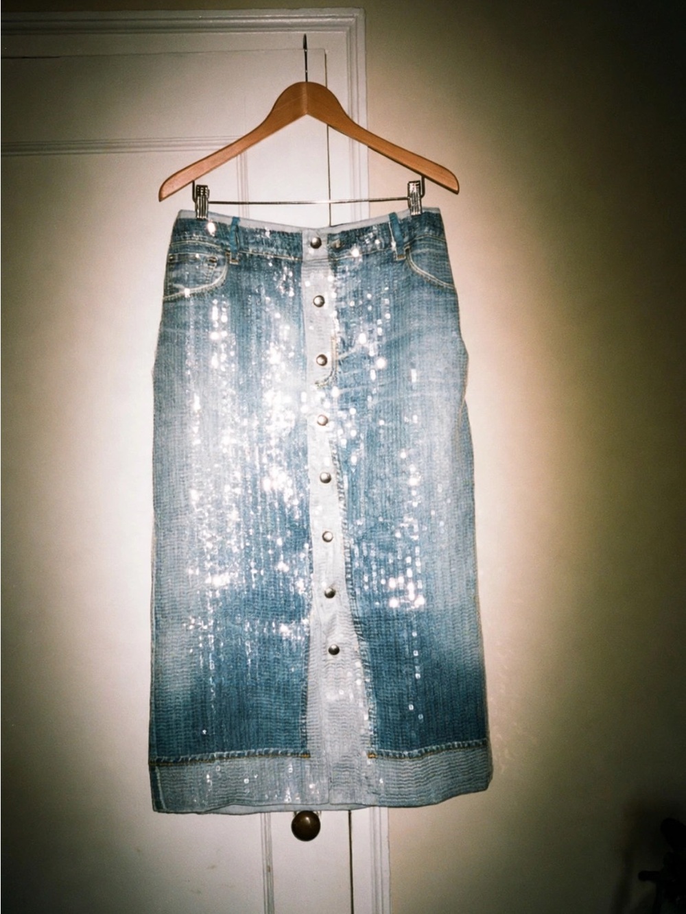 NWT Jean Paul Gaultier Sequins Denim Jeans Trompe L’oeil Midi Skirt